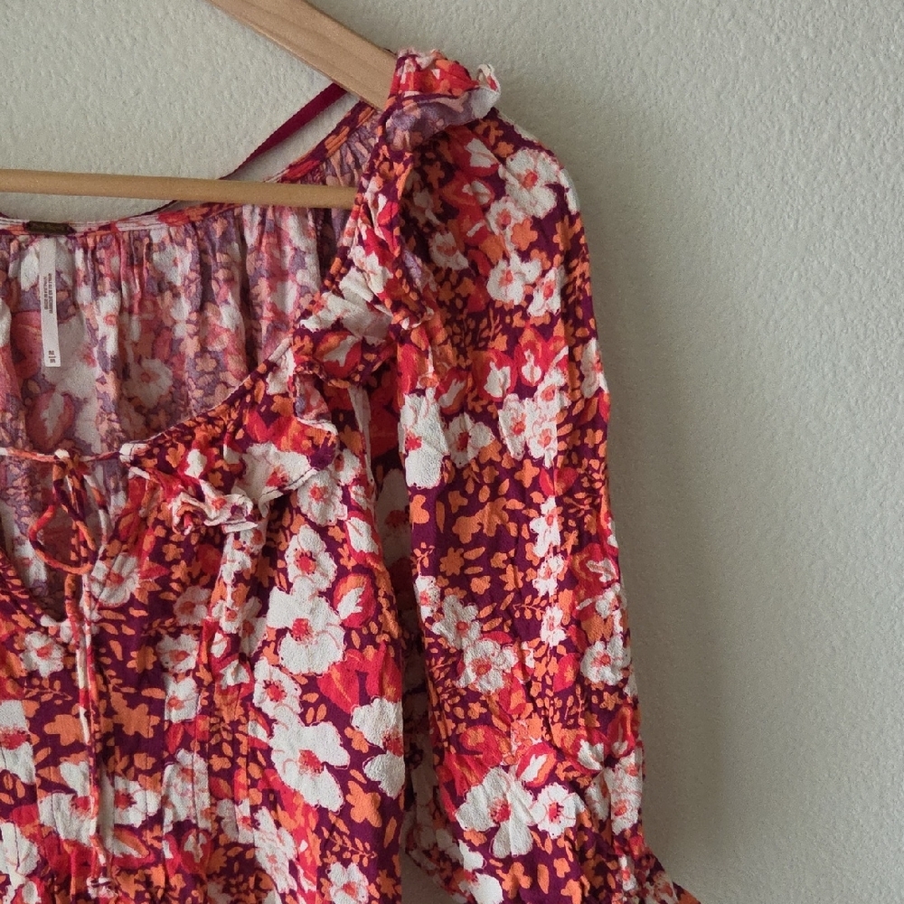 FREE PEOPLE Sweet Memories Pink Multi Floral Print Ruffled Blouse Sz M Boho - Picture 8 of 16